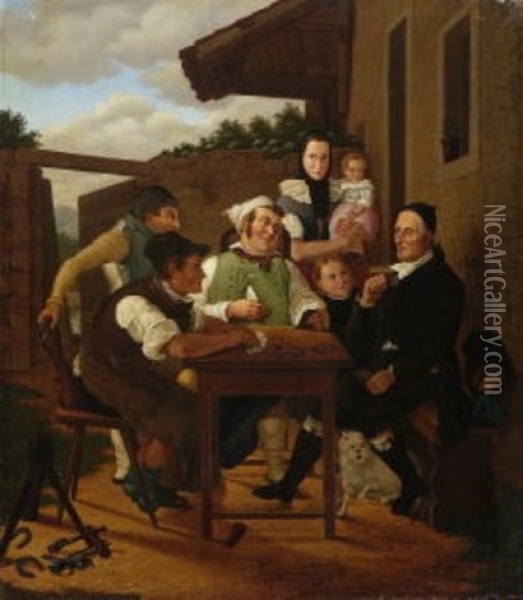 Kartenspieler Vor Dem Bauernhaus Oil Painting - Johann Baptist Pflug