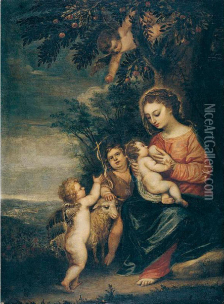 The Madonna And Child With The Infant Saint John The Baptist In A Landscape Oil Painting - Pedro Anastasio Bocanegra