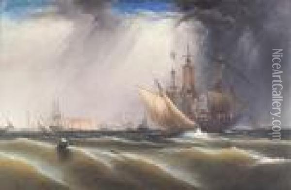 A View Of Philadelphia Harbor Oil Painting - James Hamilton