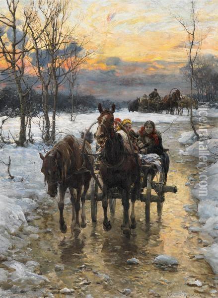 Polish Women On A Carriage Ride In The Winter Twilight Oil Painting - Alfred Wierusz-Kowalski