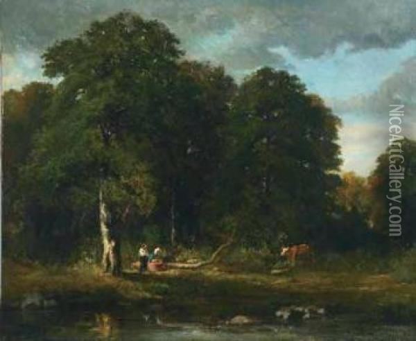 Wooded Landscape With Figures By A Pool Oil Painting - Constant Troyon