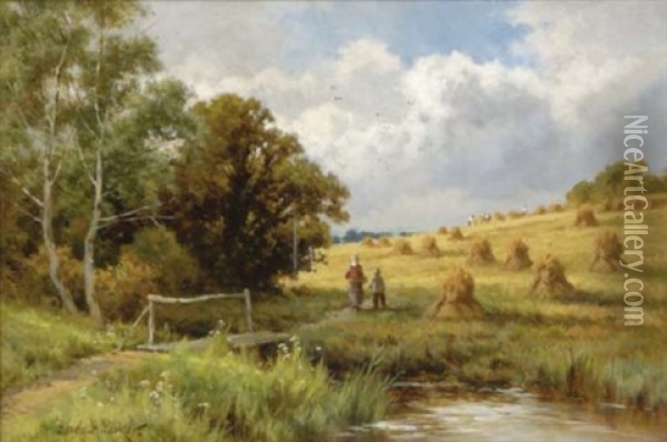A Summer Landscape With Figures In A Hay Field Oil Painting - Henry H. Parker