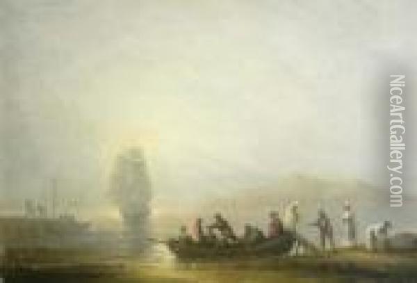 A Party Disembarking On Theshore, A Man-o-war In The Bay Beyond Oil Painting - Thomas Luny