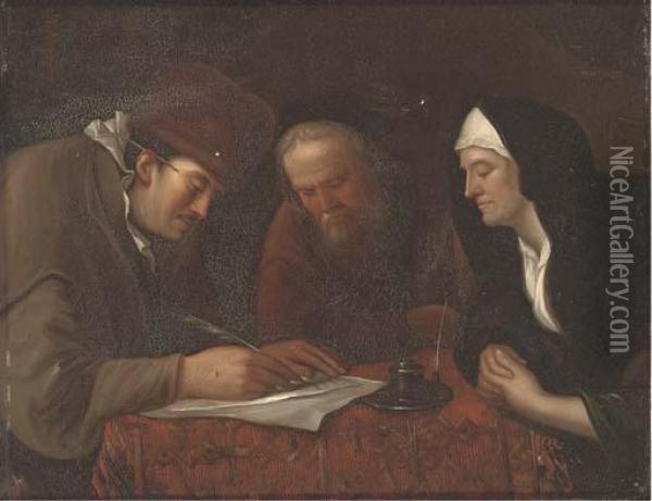 A Widow And Two Gentleman In An Interior Oil Painting - Jan Steen