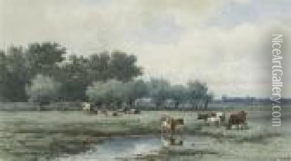 Cows In A Meadow Oil Painting - Willem Roelofs