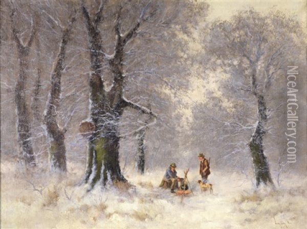 Winter Landscape With Huntsmen Oil Painting - Antal (Laszlo) Neogrady