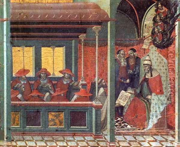 Predella panel The Pope Issues a Bull to a Carmelite Delegation Oil Painting - Pietro Lorenzetti