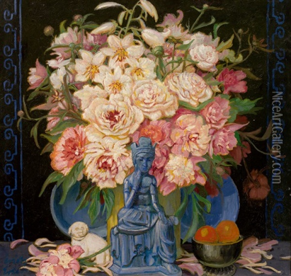 Prachtvolles Blumenstilleben Mit Buddha-statue Und Shishi Oil Painting - Erich Erler-Samedan