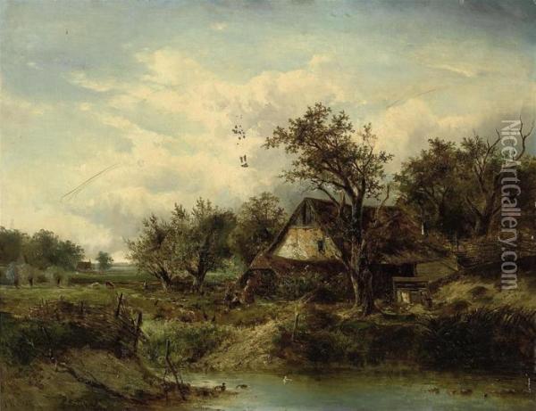 Children Playing Beside A Pond With A Cottage Beyond Oil Painting - Joseph Thors