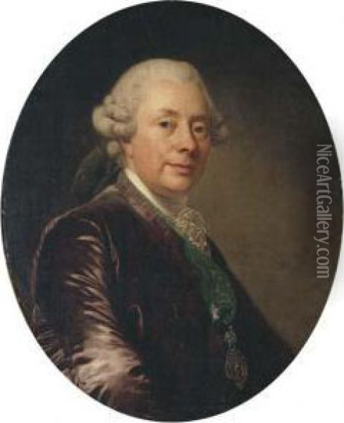 Portrait Of A Gentleman, Bust-length, In A Velvet Jacket With Agreen Medal-ribbon Oil Painting - Alexander Roslin