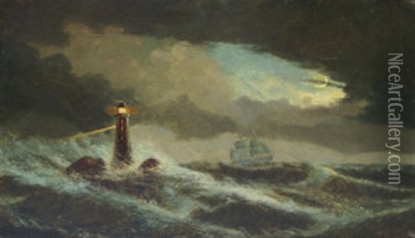 Ship In A Storm At Night Near A Lighthouse; Shipping In Rough Seas Off A Citadel (pair) Oil Painting - David James