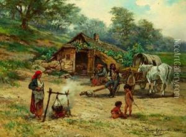 Gypsy Family Around A Campfire Oil Painting - Tadeusz Rybkovski