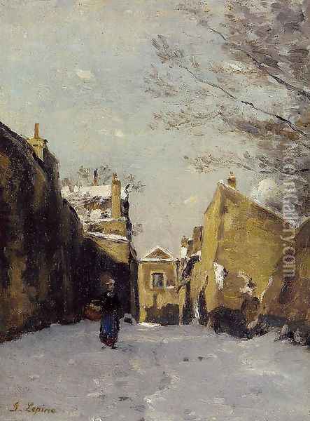 Street in Montmartre, Snow Effect Oil Painting - Stanislas Lepine