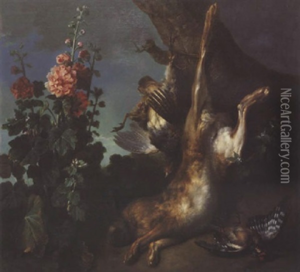 Nature Morte Au Lievre Et Perdreau Gris Attaches A Un Tronc D'arbre A Cote D'une Rose Tremiere Oil Painting - Jean-Baptiste Oudry