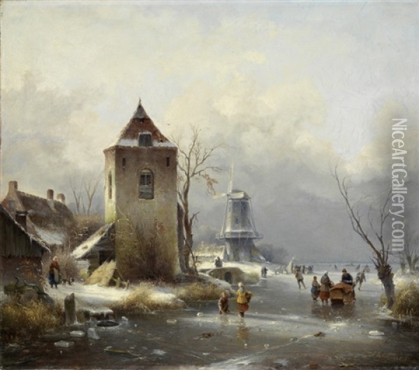 Wintertag Vor Einer Stadt Mit Windmuhle Und Schlittschuhlaufern Oil Painting - Andreas Schelfhout