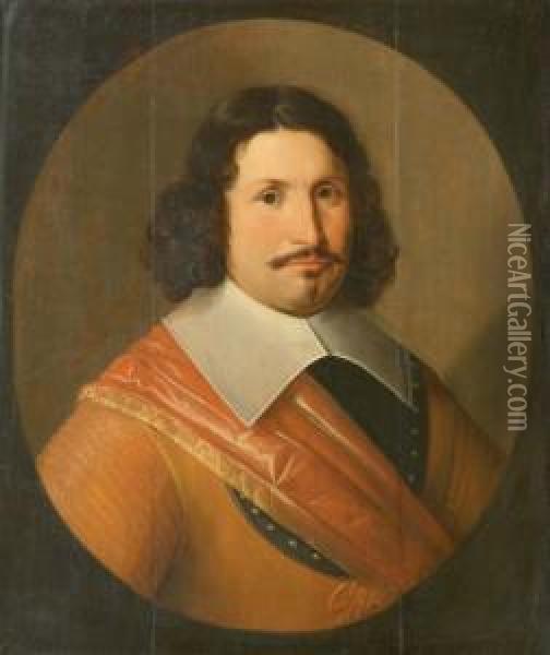 Portrait Of A Gentleman, Half-length, In An Orange Costume With A Red Sash, In A Painted Oval Oil Painting - Simon Peter Tilemann