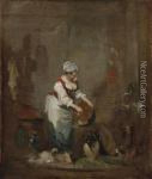 A Lady Cleaning A Copper Pot In An Interior, A Dog At Her Feet Oil Painting - Nicolas Lancret