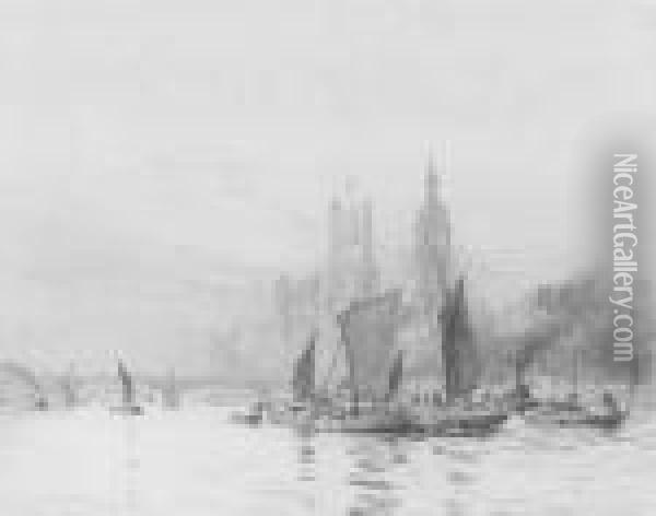 The Houses Of Parliament From The Thames Oil Painting - William Lionel Wyllie