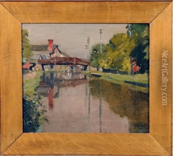 New Hope- Canal, Barge/bridge Oil Painting - William Langson Lathrop