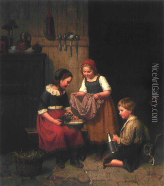 Kinder Spielen Mit Katzen In Einer Kuche Oil Painting - Auguste Ludwig