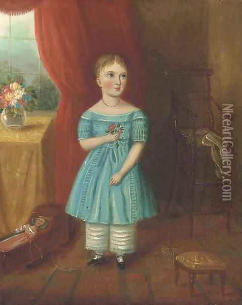 Portrait of a girl, small full-length, in a blue dress, holding a flower, in an interior Oil Painting - English School
