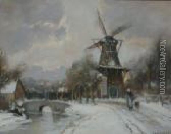 Woman Along A Country Road In Winter Oil Painting - Louis Apol