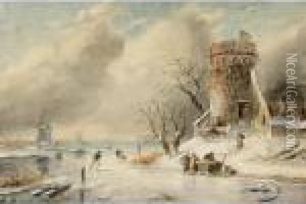 A Winter Landscape With Skaters On The Ice Oil Painting - Charles Henri Leickert