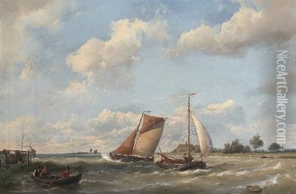 Dutch Barges Off A Coast With Fishermen In A Rowing Boat Oil Painting - Hermanus Koekkoek the Elder