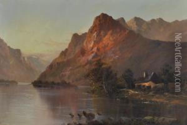 Highland Mountain Loch At Sunset Oil Painting - John Henry Boel