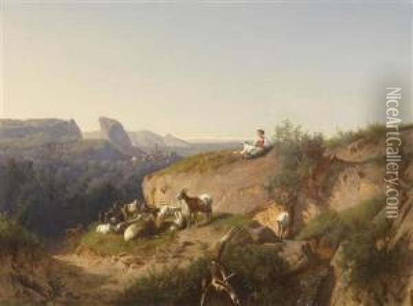Female Goatsheperd With Her Herd Set In An Italian Landscape Oil Painting - Andreas Marko