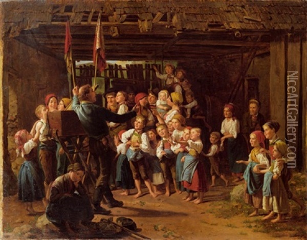 Der Guckkastenmann (after F.g. Waldmuller) Oil Painting - Lajos Bruck