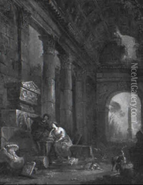 Ruined Classical Building With A Young Couple By A Tomb Oil Painting - Jean Baptiste Lallemand