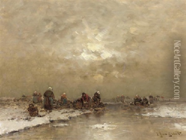 Fishermen At Work In A Frozen Winter Landscape Oil Painting - Johann Jungblut