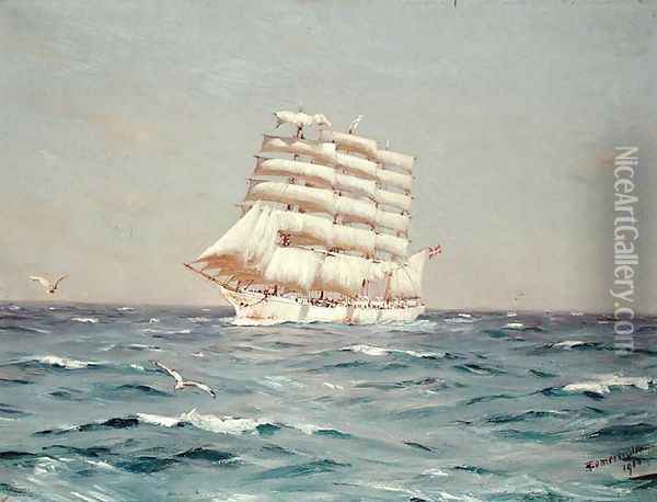 The Viking, a four-masted Barque Under Full Sail, 1910 Oil Painting - Thomas Jacques Somerscales