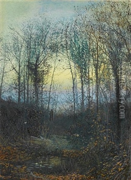 A Wooded Valley, Probably Bolton Woods (+ Lovers In A Woodland Clearing; Pair) Oil Painting - John Atkinson Grimshaw
