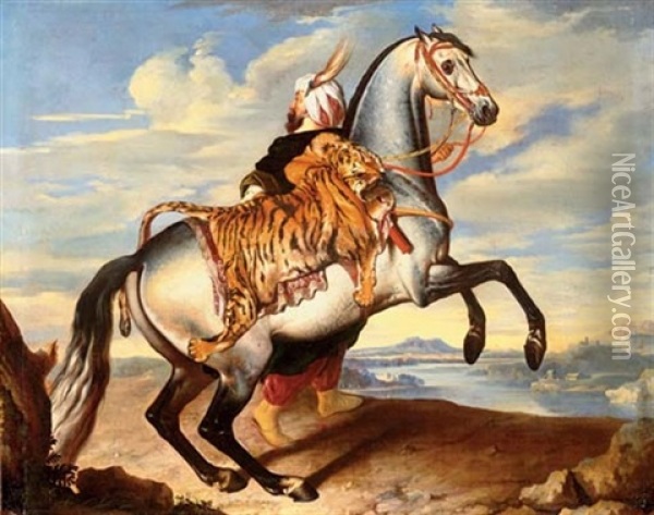 An Arab Horse With An Oriental Groom Oil Painting - Johann Georg de Hamilton