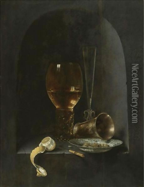 Still Life With A Roemer, A Fluted Wine-Glass, A Silver Goblet, A Blue-And-White Porcelain Bowl Filled With Green Olives Oil Painting - Willem Claesz. Heda