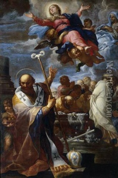 The Assumption Of The Virgin With Saints Nicolas Of Myra And Anne Oil Painting - Giovanni Battista Lenardi