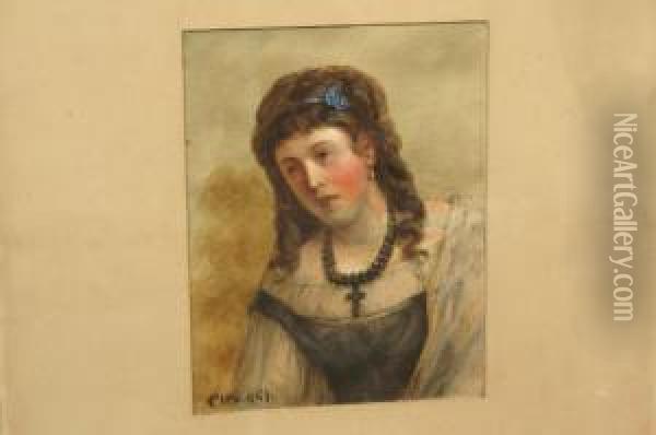Spanish Girl, With Blue Ribbons In Hair Oil Painting - J. Wright