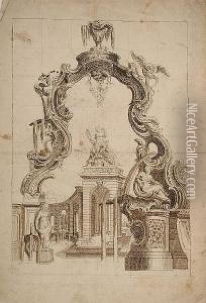 View, Within A Rococo Cartouche, Of A Fantasy Courtyard With A Colonnade Surmounted By 
 Seated On A Fountain: Design For An Allegorical Frontispiece Oil Painting - Jacques de Lajoue