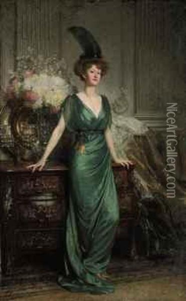 Portrait Of The Hon. Mrs Ernest Guinness, Standing, Full-length,wearing An Emerald Dress And Feather Oil Painting - Dicksie Frank
