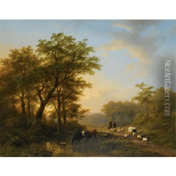 Figures And Cattle In A Landscape (collab. W/eugene Joseph Verboeckhoven) Oil Painting - Johann Bernard Klombeck