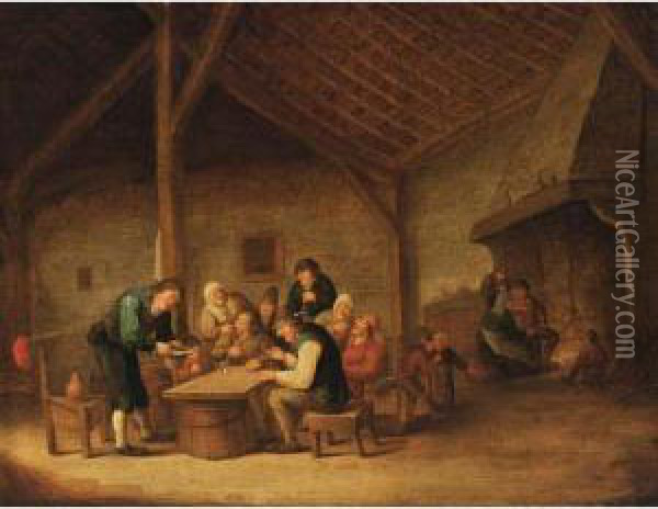An Interior Of An Inn With 
Peasants Sitting Around A Table Drinking And Playing Dice, And Figures 
Near A Fireplace In The Background Oil Painting - Bartholomeus Molenaer