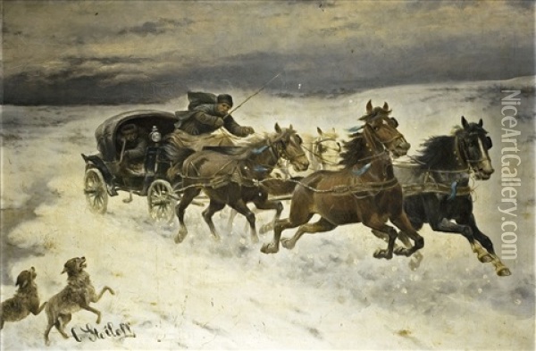 Winterlandschaft Mit Pferdegespann Und Angreifenden Wolfen Oil Painting - Adolf (Constantin) Baumgartner-Stoiloff