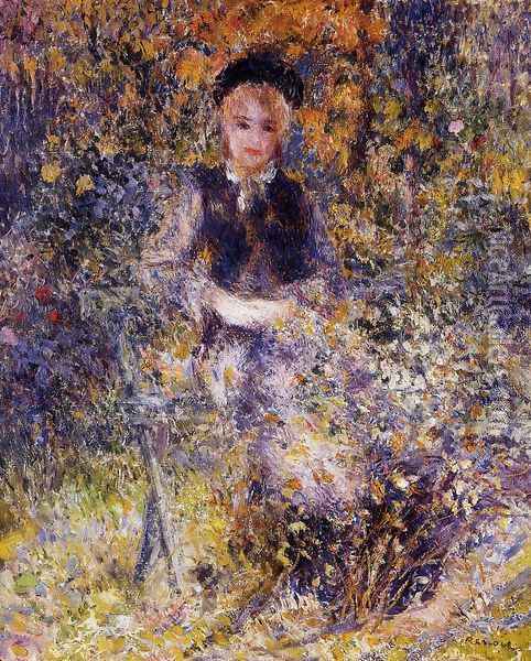 Young Woman On A Bench Oil Painting - Pierre Auguste Renoir