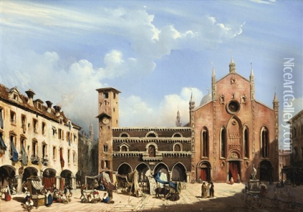 Como, View Of The Broletto And The Old Cathedral Oil Painting - Eugene Napoleon Flandin