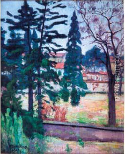 Paysage Aux Sapins (1927) Oil Painting - David O. Widhopff