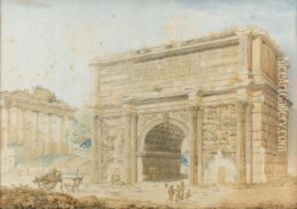 Vue De L'arc De Triumphe A Septimus Severus A Rome. Oil Painting - Franz Keiserman