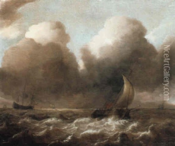A Smalschip At Full Sail In A Stiff Breeze With Other Shipping Beyond Oil Painting - Pieter Mulier the Elder