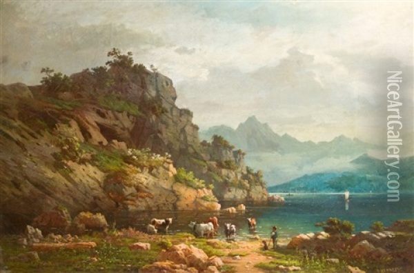 Kuhe An Der Tranke (schweizer Seelandschaft) Oil Painting - Hermann Hemstedt